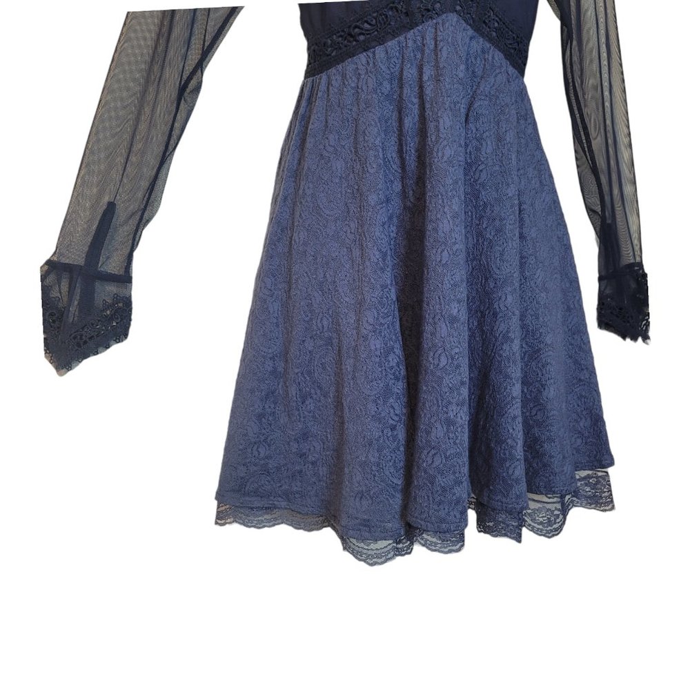 Free People Blue Lace Victorian Fit-and-Flare Dress with Sheer Sleeves - Picture 2 of 14